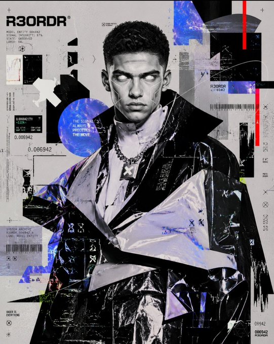 ersod's "R3ord" poster features a young man with black hair, dressed in a white and blue suit jacket, black pants, and a silver necklace, standing against a gray background with red and black lines.