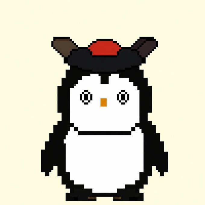 A cute pixel-art penguin character wearing a black cap with a red top stands against a cream background, likely used as a mascot or avatar for the partnership announcement between MoonPay and World (World.xyz).