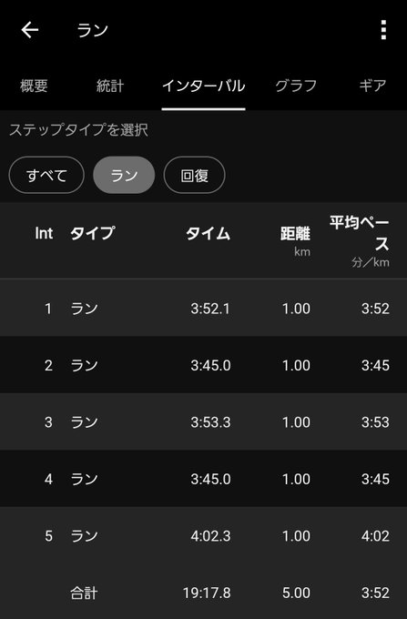A Garmin fitness app screenshot showing interval running statistics with five 1km laps, total time of 19:17.8 and average pace of 3:52/km, displayed in Japanese.
