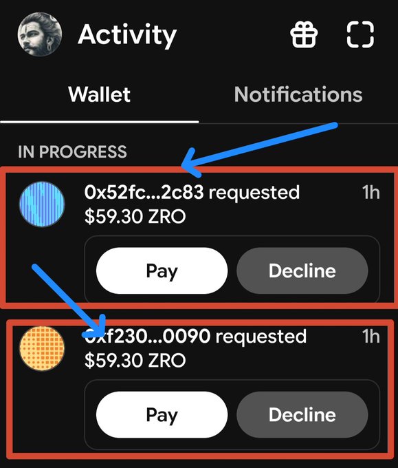 A mobile wallet Activity screen showing two pending ZRO payment requests of $59.30 with Pay and Decline buttons, highlighted with red boxes and blue arrows.