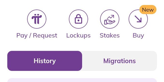A cryptocurrency wallet interface displays four action options—Pay/Request, Lockups, Stakes, and a newly added "Buy" tab—above toggles for "History" and "Migrations" tabs, with the Migrations tab highlighting a user's likely interest in checking for a second token migration or airdrop that they have not yet received.