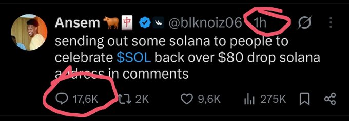 A tweet from Ansem (@blknoiz06) saying 'sending out some solana to people to celebrate $SOL back over $80 drop solana address in comments,' with 17.6K replies and 275K views circled in pink.