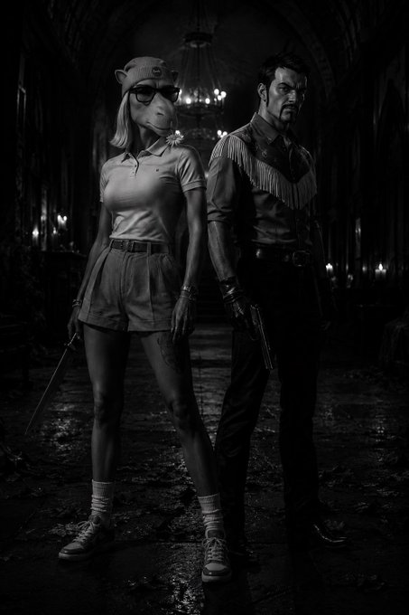 A black and white noir-style image of a backlit pair standing in a dark hallway, with the woman wearing a pig mask and holding a knife, while the man in a fringed jacket holds a pistol.