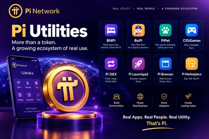An advertisement for 'Pi Network' and 'Pi Utilities' showcasing various apps like BNPi, BoPi, and Pi DEX.