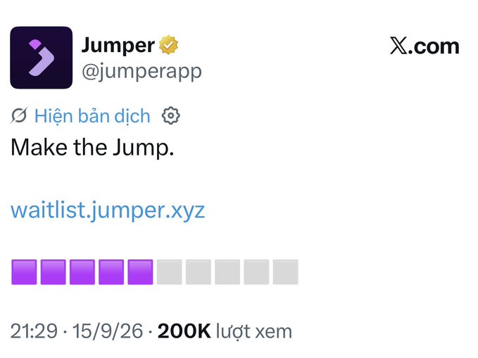 A social media post from Jumper (@jumperapp) on X.com featuring the text 'Make the Jump.' with a link to waitlist.jumper.xyz, dated 15/9/26 with 200K views.