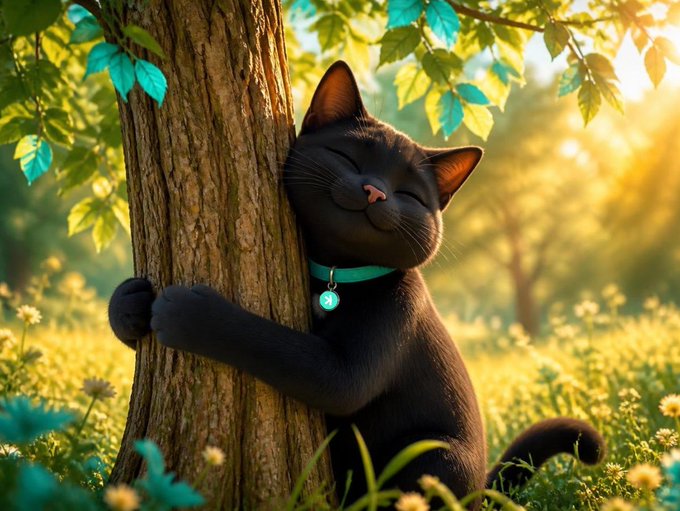 A black cat with a teal collar hugs a tree trunk in a sunlit meadow, eyes closed in contentment. The imagery playfully visualizes the "tree-brother" title given to the early Kaspa supporter, with the cat's affectionate embrace of the tree symbolizing deep-rooted loyalty to the $KAS and $NACHO community.