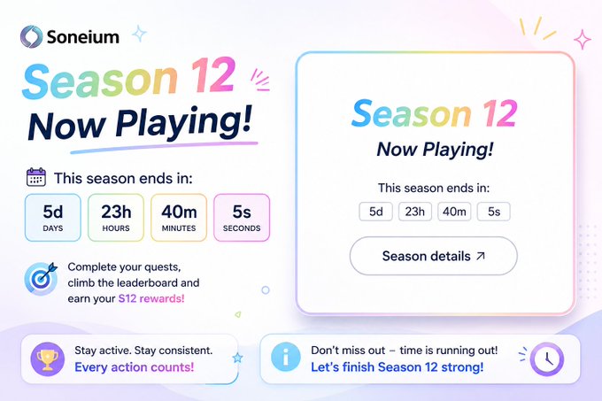 A colorful promotional poster for "Soneium Season 12 Now Playing!" featuring a countdown timer showing 5d 23h 40m 5s remaining, with text encouraging users to complete quests and earn $12 rewards.