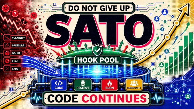 The image features a poster for a game called "Sato" that has a blue background, red text, and various icons related to the game's theme. The poster includes a warning message about not giving up, stating that the market will fluctuate but a mechanism with real vitality does not stop running because of one low point. There is also an image of a pool labeled "Sato" along with a code that says "Code Continues".