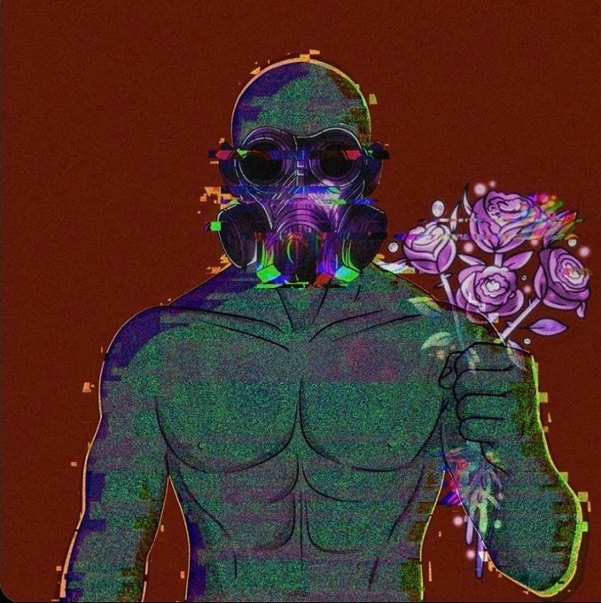 A glitch-art style digital illustration of a muscular figure wearing a gas mask and holding a bouquet of purple roses against a brown background.