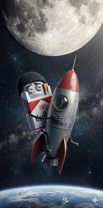 The image features a cartoon rocket ship with a cigarette pack attached to its side, flying through space towards the moon. The caption of the image reads "DOOMERDARI is going to the MOONtmrw #solana #memecoin tele in bio". This suggests that the rocket ship and the cigarette pack are part of an advertisement or promotional campaign for a product related to space exploration or travel, possibly a new brand of cigarettes. The presence of these elements creates a sense of adventure and excitement, drawing attention to the product being advertised.