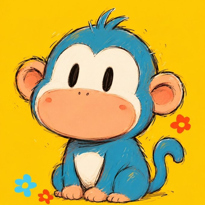 A colorful, sketch-style digital illustration of a cute blue monkey sitting against a bright yellow background with small red and blue flowers.