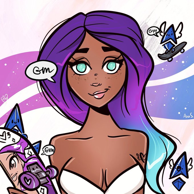 A cartoon illustration of a dark-skinned woman with purple and blue hair and teal eyes featuring crypto logos, with 'GM' speech bubbles and small blue angel-like characters around her; the signature 'Aina S.' is visible.