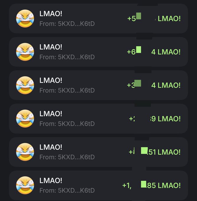 Multiple Telegram message notifications all reading 'LMAO!' from sender '5KXD...K6tD' with increasing LMAO counts.