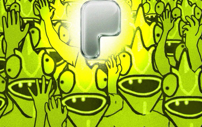 A bright yellow/green digital illustration featuring a metallic silver 'P' or question-mark-like logo centered over a crowd of cartoon characters reaching up from what appear to be frog-like or bucket-shaped vessels.