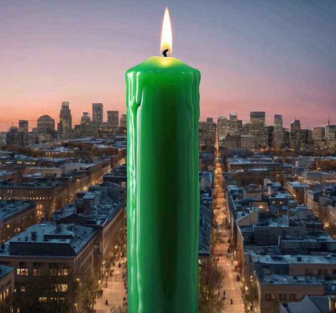 A massive green candle towers over a city skyline at sunset, visually representing the bullish "god candle" predicted for XRP in the accompanying post, which announces a giveaway of 180 XRP if the price breaks through $1.80 from its current $1.47 level.