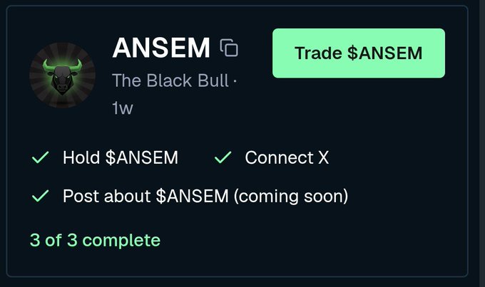 A completion card for the $ANSEM (The Black Bull) campaign on BullpenFi shows all three requirements checked off—"Hold $ANSEM," "Connect X," and "Post about $ANSEM"—with a "3 of 3 complete" confirmation and a "Trade $ANSEM" button. It visually validates the poster's question by displaying a fully completed quest tracker, reinforcing the call for users who have actually finished the on-chain tasks to share their real experience rather than just hype.