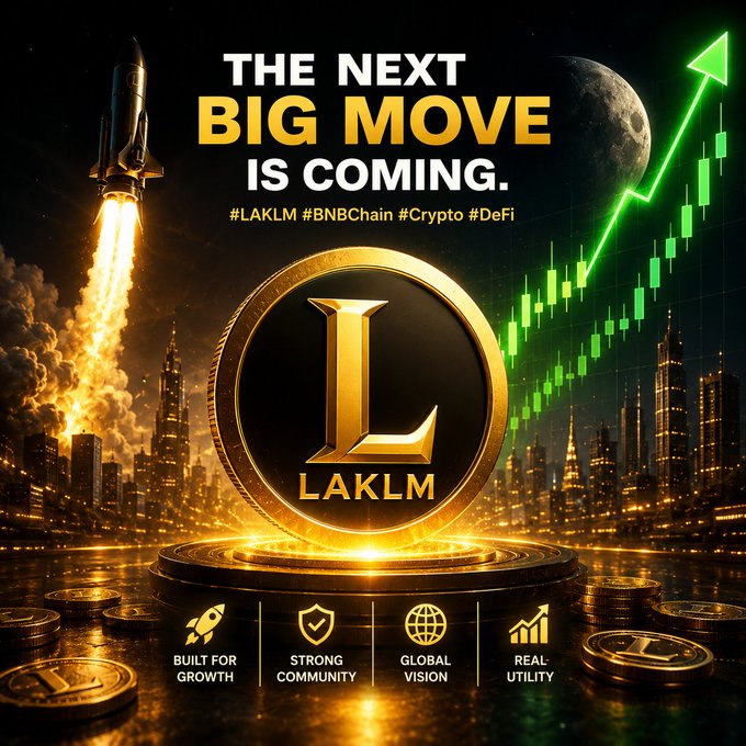 A promotional graphic for the LAKLM cryptocurrency featuring a large gold 'L' coin, a rocket launching, a green bullish price chart, and hashtags #LAKLM #BNBChain #Crypto #DeFi with features like 'BUILT FOR GROWTH' and 'STRONG COMMUNITY'.
