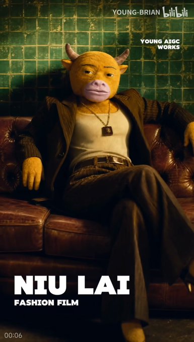 A fashion film poster titled "NIU LAI" by "YOUNG AIGC WORKS" for bilibili, featuring a figure in a pinstripe suit with a bull/cow head mask lounging on a leather sofa.