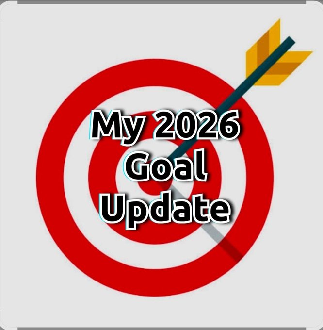 The image shows a red and white target with a yellow-fletched arrow striking the bullseye, overlaid with the text "My 2026 Goal Update." It visually symbolizes the poster's mid-year review of their 2026 goals, representing their aim to hit key targets like taking profits to stablecoins and improving content creation.