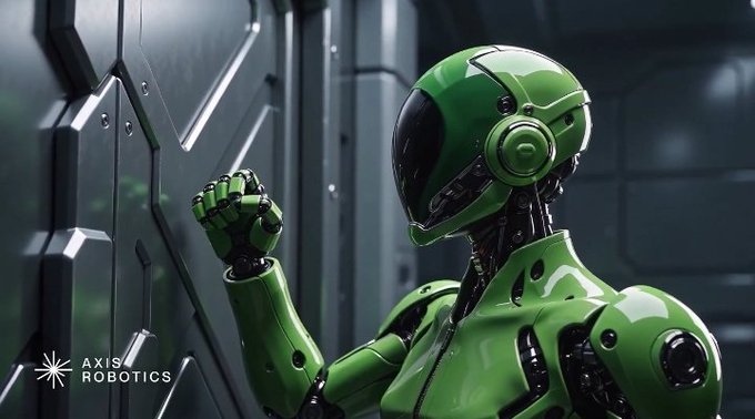 A glossy green humanoid robot from 'AXIS ROBOTICS' shown in a fist-raised pose against a metallic background.