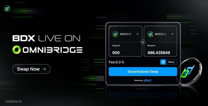 A promotional graphic for 'BDX LIVE ON OMNIBRIDGE' by beldex.io, showing a token swap interface converting BDX(BDX) to BDX(BSC) with a 0.3% fee.