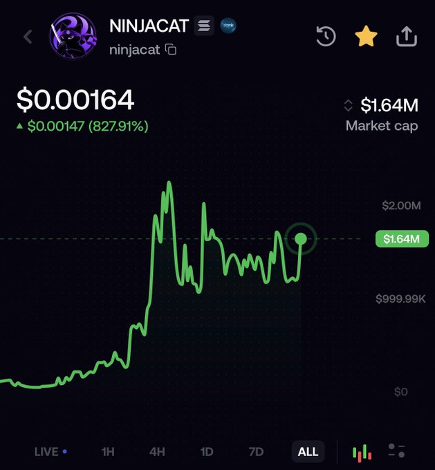 A cryptocurrency price chart for 'ninjiacat' showing a current price of $0.00164 and a market cap of $1.64M, with an all-time price increase of 827.91%.