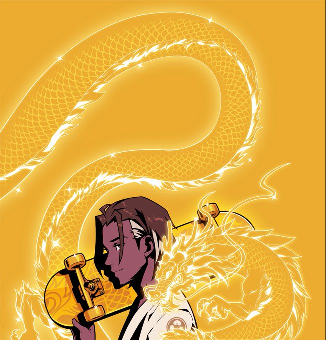 An anime-style illustration depicts a young man with a skateboard, surrounded by a glowing golden Chinese dragon against a vibrant orange background. The image visually echoes the poster's crypto/NFT community greeting ("GM space!") and reference to "@spiritdao," with the dragon symbolizing power, prosperity, and spiritual energy often associated with dragon-themed crypto projects.