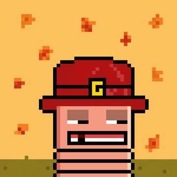 A pixel-art style character with a wide grin, wearing a red hat with a yellow buckle, against a yellow background with floating red pixels.