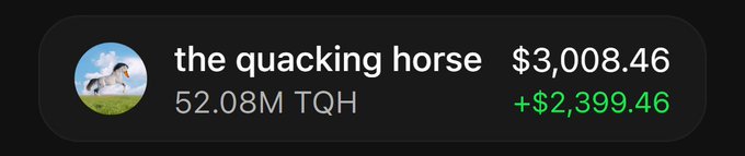 A stock ticker widget showing 'the quacking horse' at $3,008.46, with 52.08M TQH shares and a green gain of +$2,399.46.
