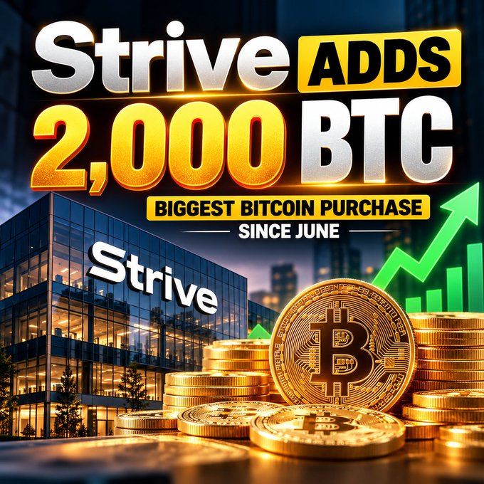 A promotional graphic announcing 'Strive ADDS 2,000 BTC - BIGGEST BITCOIN PURCHASE SINCE JUNE' featuring stacks of Bitcoin coins and an office building.