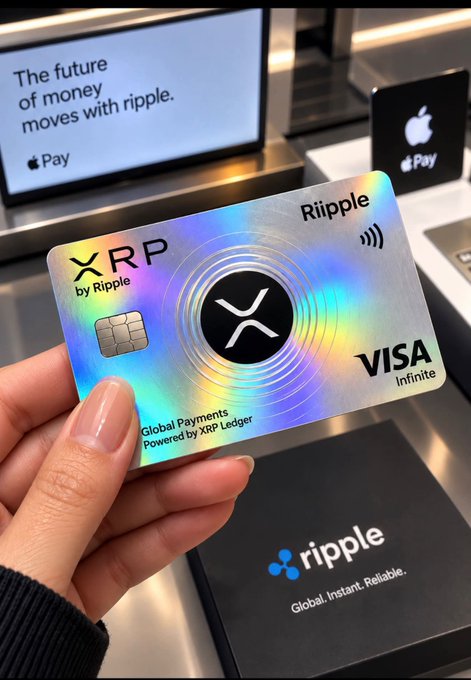 A hand holds a holographic Ripple (XRP) Visa Infinite credit card, with a sign in the background reading 'The future of money moves with ripple' and an Apple Pay logo displayed.