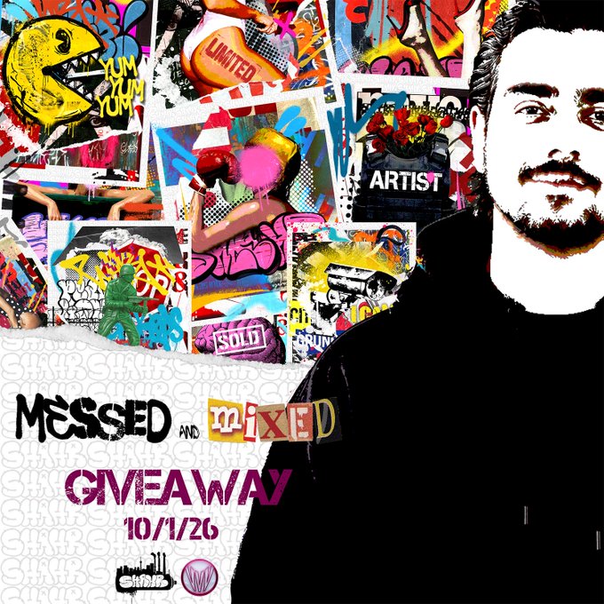 A promotional graphic for a "MESSED AND MIXED GIVEAWAY 10/1/26" featuring a black-and-white portrait of a bearded man against a collage of street art and graffiti stickers including Pac-Man and "ARTIST" text.