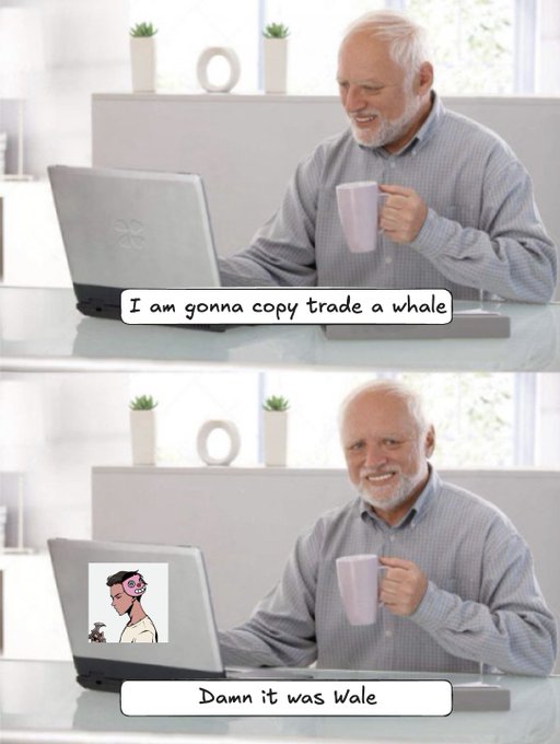A two-panel meme showing an older man at a laptop saying 'I am gonna copy trade a whale' then in the second panel looking disappointed with a cartoon character on the screen saying 'Damn it was Wale'.