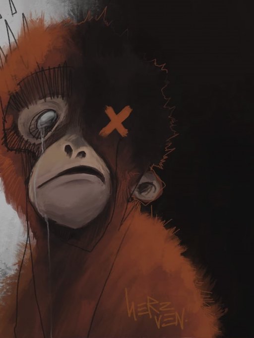A dark, emotional painting portrays an orangutan with a red 'X' on its forehead and a tear in its eye, signed 'Roa Raven' at the bottom.