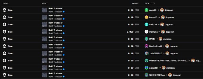 The image shows a series of Ethereum sales of Roki Tradeoor NFTs (priced between 0.099 and 0.10 ETH) to various collectors, indicating high demand for the project. This relates to the caption "This might be the dumbest guy on all of CT" by highlighting strong market activity despite any perceived skepticism about the project.