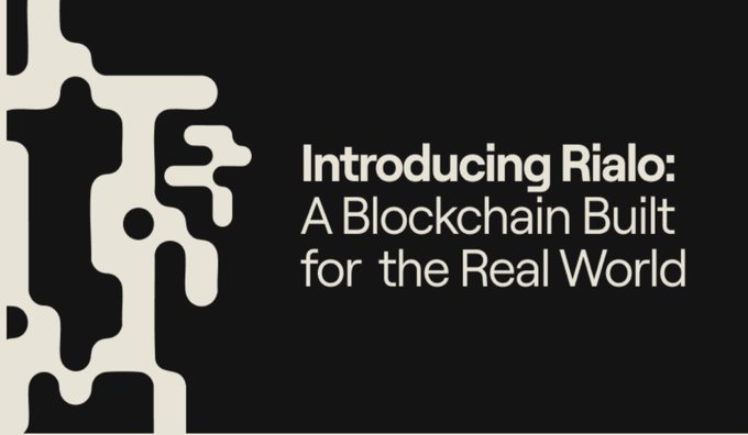 A dark-themed announcement graphic with abstract white branching graphics on the left, reading 'Introducing Rialo: A Blockchain Built for the Real World.'