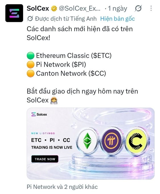 A tweet from SolCex announces new listings for Ethereum Classic ($ETC), Pi Network ($PI), and Canton Network ($CC), with a 'TRADE NOW' promotional image.
