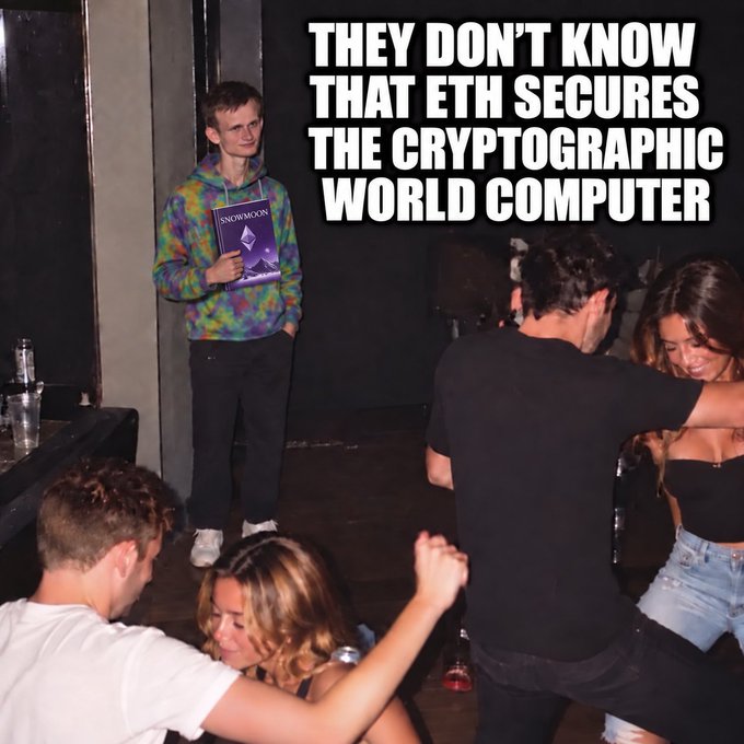 A man in a tie-dye hoodie stands alone at a party holding an 'SNOWMOON' book while others dance, with the caption 'THEY DON'T KNOW THAT ETH SECURES THE CRYPTOGRAPHIC WORLD COMPUTER'.