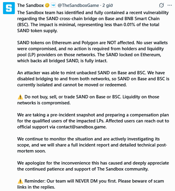 The image shows an official tweet from The Sandbox (@TheSandboxGame) confirming a contained cross-chain bridge vulnerability on Base and BNB Smart Chain (BSC) affecting less than 0.01% of total SAND supply. The announcement details that SAND tokens on Ethereum and Polygon remain unaffected, while warning users not to trade SAND on Base or BSC, with a compensation plan being prepared for impacted liquidity providers.