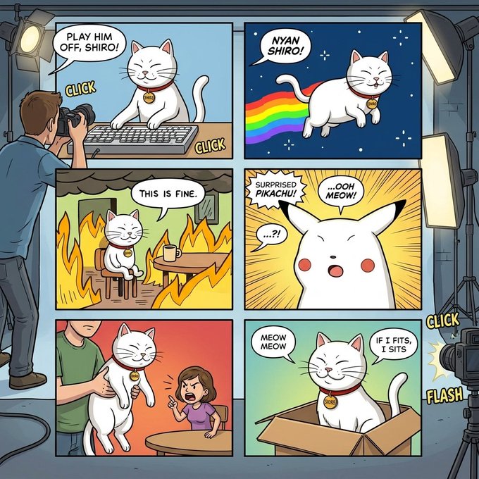 A comic-style photoshoot scene features the white cat mascot $SHIRO in various meme-inspired poses, including "This Is Fine" amidst flames, a Nyan Cat-style rainbow trail, and the "If I Fits, I Sits" box pose, with speech bubbles like "Play him off, Shiro!" and "...Ooh Meow!" as a photographer captures each shot with camera clicks and flashes.