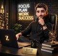 A man in a black suit sits at a desk with a laptop displaying a green 'Z' logo and books labeled 'WEALTH', with background text reading 'FOCUS', 'PLAN', 'WORK', 'SUCCESS'.
