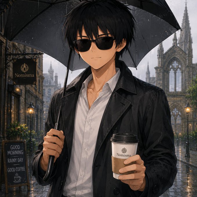 An anime-style illustration of a young man in sunglasses and a black coat holding an umbrella in the rain, holding a coffee cup labeled 'Nomisma' with Gothic architecture in the background.