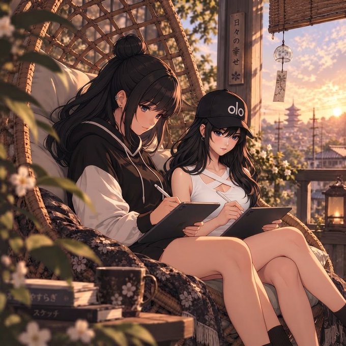 Two young women sit cozily in a wicker swing, drawing on digital tablets at golden hour with a pagoda and sunset-lit cityscape in the distance, while Japanese characters on a sign read "日々の幸せ." A stack of books at the bottom includes visible text "スケッチ" (sketch) and partial Japanese labels like "アすらすら." The peaceful, reflective scene mirrors the post's message about quietly working on a project one step at a time—creative persistence paired with hope, with the sketchbooks directly symbolizing the "little steps" referenced in the message.