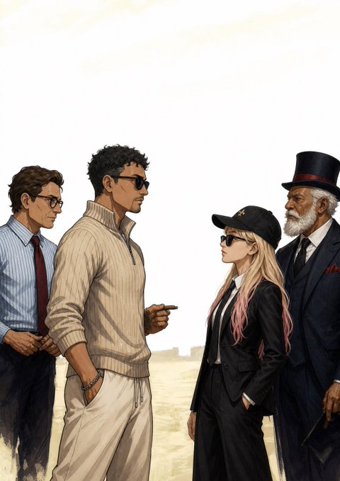 Digital illustration showing four characters: a man in a striped shirt and tie, a man in a cream sweater and sunglasses, a woman in a black suit and cap, and an older gentleman in a top hat and dark suit.