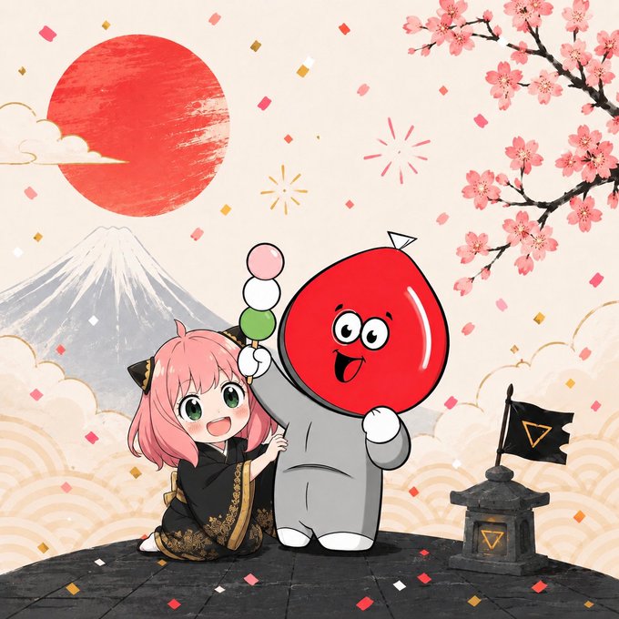 An illustration featuring a pink-haired anime girl in a kimono beside a red mascot character holding dango, set against a backdrop of Mt. Fuji, a rising sun, cherry blossoms, and traditional Japanese elements.