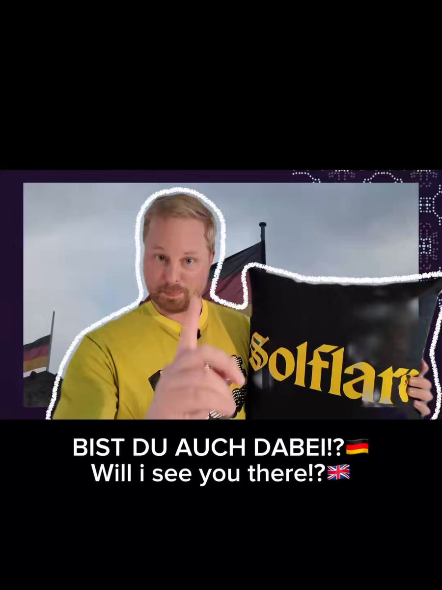 The image features a man holding up a pillow with the word "Solana" written on it, along with some text that translates to "BIST du Auuch DABEI? Berlin is about to become Solana territory Creators. Speakers. Alpha. Legendary side events like the @MonkeDAO brunch This will be HUGE Ich bin DABEI". The man appears to be posing for a photo, and there are flags visible in the background as well.