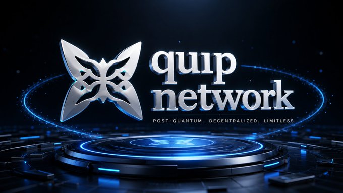 A logo for 'quup network' featuring a butterfly emblem with the tagline 'POST-QUANTUM. DECENTRALIZED. LIMITLESS.' on a futuristic blue platform.