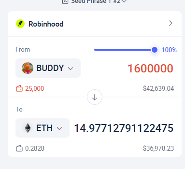 A crypto swap interface showing a conversion from BUDDY (1,600,000 tokens) to ETH (14.977...), with a Robinhood branding visible at the top.