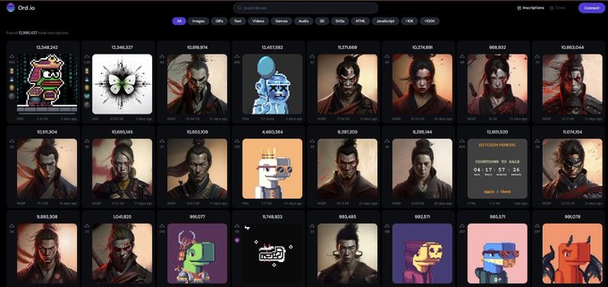 Screenshot of the Ord.io NFT marketplace displaying various digital collectibles including pixel art and character avatars with their respective prices.
