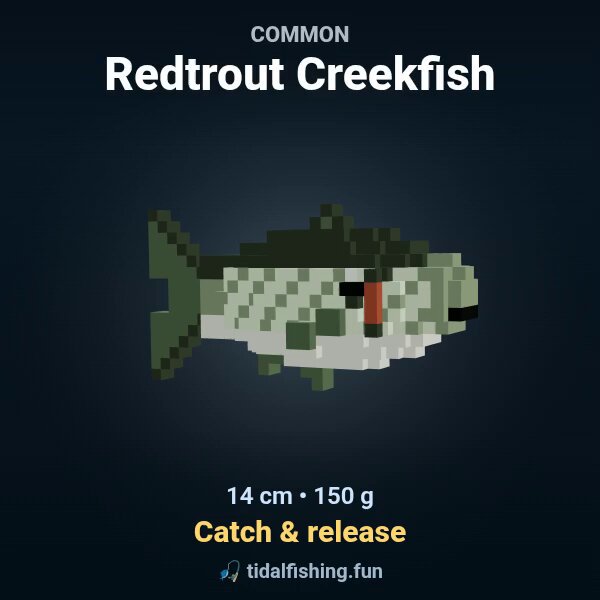 The image features a small fish, likely a Redtrout Creekfish, that has been caught by someone using a fishing rod. The fish is depicted as being 14 cm (5.2 inches) long and weighing 150 g (5 oz). The image also includes text that reads "Common Redtrout Creekfish" and "14 cm/5.2 inches/150 g Catch & Release".